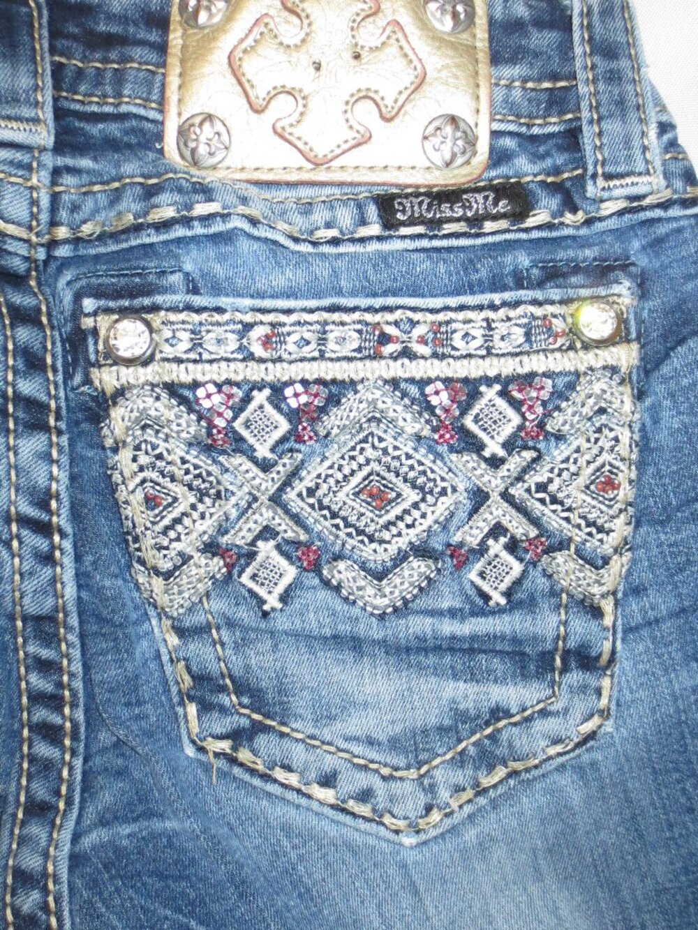 MISS ME womens JEANS blue MID-RISE denim BOOTCUT embroidered pockets SIZE 25 - Picture 12 of 13